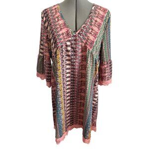 Bohemian Style Multicolor L V-Neck Dress/Beach Cover Up Bell Sleeves Lace Hem